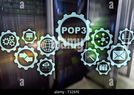 POP3. Post Office Protocol Version 3. Le protocole Internet standard sur fond de datacenter. Banque D'Images