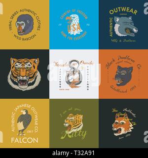 Les animaux sauvages vintage. Logo pour t-shirt. Tigre asiatique, Dragon chinois, Panther, Fox, Falcon, singe. Traduction Le nom de la mythologie japonaise d Illustration de Vecteur
