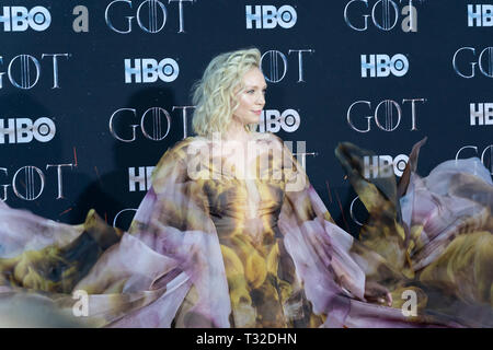 NEW YORK, NY 03 avril : Gwendoline Christie assiste à HBO 'Game of Thrones' premiere saison finale au Radio City Music Hall, le 03 avril, 2019 à New York Banque D'Images