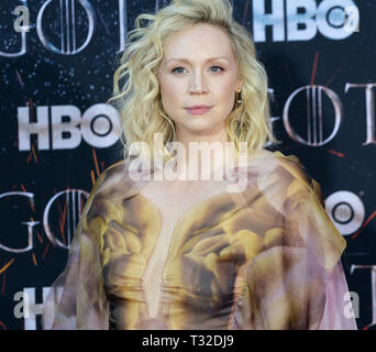NEW YORK, NY 03 avril : Gwendoline Christie assiste à HBO 'Game of Thrones' premiere saison finale au Radio City Music Hall, le 03 avril, 2019 à New York Banque D'Images