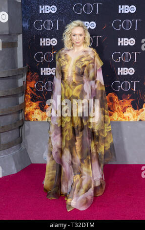 NEW YORK, NY 03 avril : Gwendoline Christie assiste à HBO 'Game of Thrones' premiere saison finale au Radio City Music Hall, le 03 avril, 2019 à New York Banque D'Images