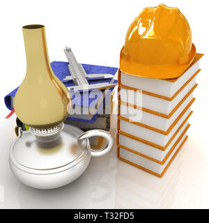 Concept tehnology classique avec un casque sur un livre en cuir, trammel sur une vieille lampe au kérosène et les ordinateurs portables. 3D render Banque D'Images