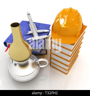 Concept tehnology classique avec un casque sur un livre en cuir, trammel sur une vieille lampe au kérosène et les ordinateurs portables. 3D render Banque D'Images