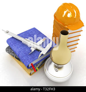 Concept tehnology classique avec un casque sur un livre en cuir, trammel sur une vieille lampe au kérosène et les ordinateurs portables. 3D render Banque D'Images