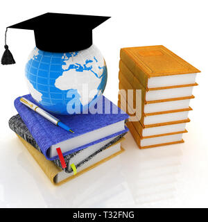 Concept global de l'éducation avec la terre, le cuir des livres, cahiers et graduation hat à partir de ci-dessus. 3D render Banque D'Images
