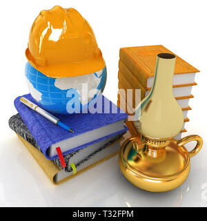 Concept global de travailler avec la terre, retro lampe en cuir, livres, cahiers et casque à partir de ci-dessus. 3D render Banque D'Images