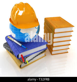 Concept global de travailler avec la terre, le cuir des livres, cahiers et casque à partir de ci-dessus. 3D render Banque D'Images