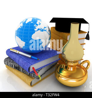 Concept d'apprentissage avec retro lampe à kérosène, graduation hat, livres en cuir et terre. 3D render Banque D'Images