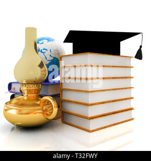 Concept d'apprentissage avec retro lampe à kérosène, graduation hat, livres en cuir et terre. 3D render Banque D'Images