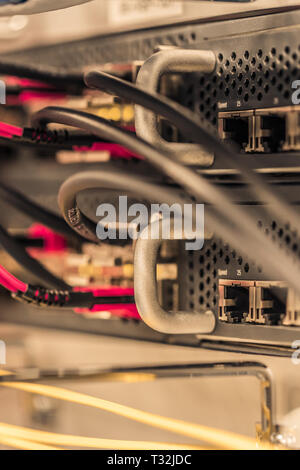 Close up de câbles réseau sur des panneaux dans une salle serveur Banque D'Images