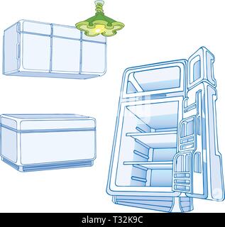 L'illustration montre quelques meubles de cuisine de l'intérieur. Illustration réalisée pour les scénarios sur des couches distinctes, isolé sur fond blanc. Illustration de Vecteur