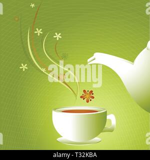 L'illustration montre une tasse blanche avec du thé et une théière blanche sur un fond vert clair avec un ornement floral décoratif. L'illustration est faite Illustration de Vecteur