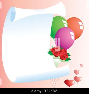 L'illustration montre un modèle de carte de souhaits avec des ballons, un bouquet de fleurs et le symbole du cœur. Illustration faite sur des couches distinctes, ther Illustration de Vecteur