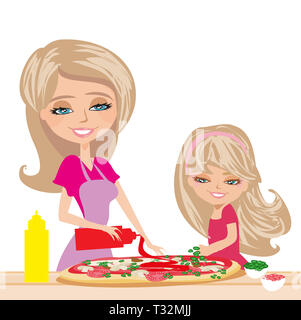 Mère fille avec la préparation de pizzas Banque D'Images
