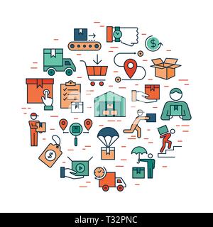 Modèle coloré circulaire logistique de livraison situé dans télévision style. Icônes vectorielles pour le web, l'infographie ou imprimer. Illustration de Vecteur