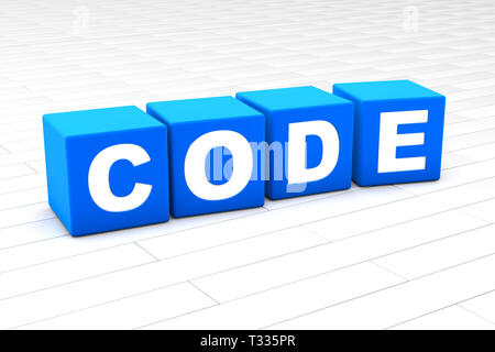 Rendu 3D illustration du mot Code faite de cubes. Banque D'Images