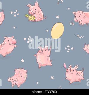 2019 Nouvelle Année Cochon Rose Fleurs en motif transparent Illustration de Vecteur