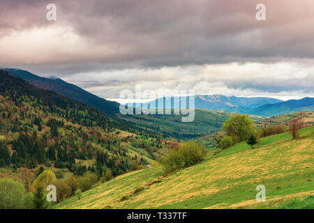 Paysage rural dans les montagnes. Village de la montagne. Les champs agricoles sur les collines. arbres sur pente gazonnée. superbe paysage printemps o Banque D'Images