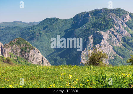 Paysage de printemps Roumanie campagne. grassy rural fields sur collines. gorge avec cliff au loin. belle journée ensoleillée Banque D'Images