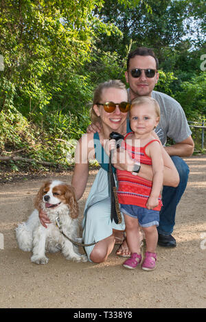 Père, mère, fille et bébé Cavalier King Charles Spaniel, sentier de Butler dans le parc Zilker à Austin, Texas, États-Unis Banque D'Images