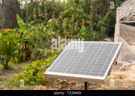 Petite taille des cellules solaires panneaux dans un jardin. Banque D'Images