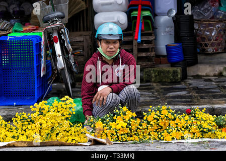 Femme avec casque vente de fleurs à Hoi An, Vietnam Banque D'Images
