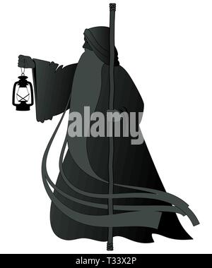 Silhouette de vieil homme avec une longue barbe, vêtu d'une longue tenue, s'appuyant sur un personnel et éclairant son chemin avec une vieille lampe. Isolated on white Illustration de Vecteur