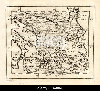 Carte antique de la Turquie en Europe, Grèce, Macédoine, Roumanie, l'Italie, la Bosnie et la Serbie par Pierre Duval, publié à Paris, 1682 Banque D'Images