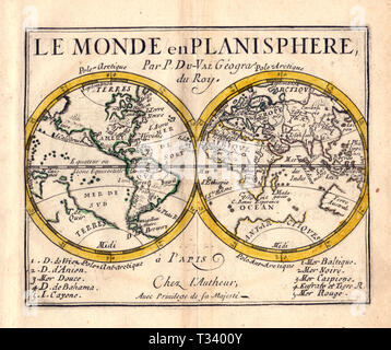 Carte antique du monde en deux hémisphères par Pierre Duval, publié à Paris, 1682 Banque D'Images