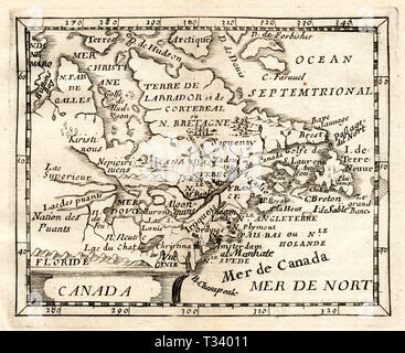 Carte antique du Canada et Nouvelle Angleterre montrant en Nouvelle-Écosse, au Nouveau-Brunswick, à Terre-Neuve, au Québec et dans les colonies américaines par Pierre Duval, publié à Paris, 1682 Banque D'Images