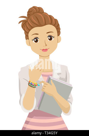 Illustration d'une adolescente Student Holding Books et son Bracelet porte-bonheur Banque D'Images