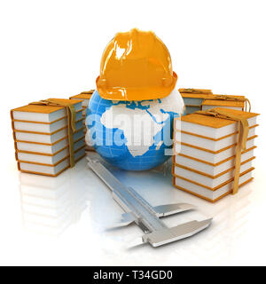 Earth in hard hat, étriers et des livres. 3D render Banque D'Images