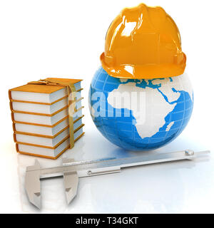 Earth in hard hat, étriers et des livres. 3D render Banque D'Images