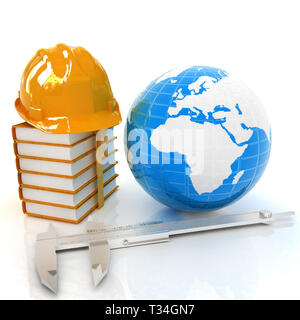 Earth in hard hat, étriers et des livres. 3D render Banque D'Images