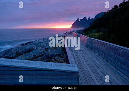 Le Tungeneset promenade et vue dans le soleil de minuit à la recherche à l'échelle et Steinsfjord Ersfjord à Okshornan sur montagnes Senja island en Norvège Banque D'Images