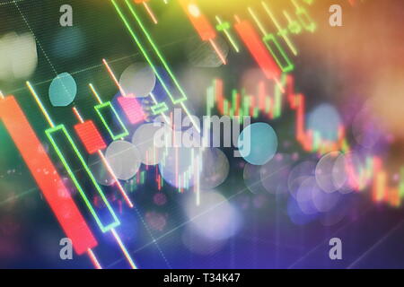 Des données sur un moniteur qui, y compris l'analyse de marché. Histogrammes, diagrammes, tableaux financiers. Graphique Forex. Banque D'Images