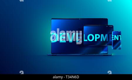 Logiciel de développement. Entreprise de technologie de codage et de programmation de l'app. Le développement de l'écran Word sur ordinateur portable, tablette, téléphone. Résumé Les plates-formes croisées Illustration de Vecteur