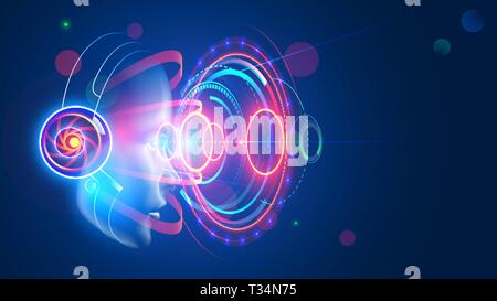 Femme au casque VR à la recherche à l'interface holographique résumé de la réalité augmentée. Concept de la future technologie de divertissement, la réalité virtuelle Illustration de Vecteur