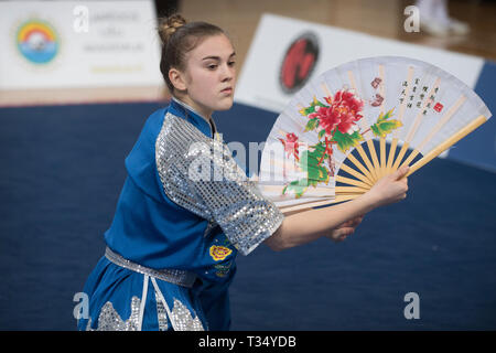 Vilniu, la Lituanie. 6ème apr 2019. Un athlète effectue à la cinquième championnat de Wushu Open lituanien à Vilnius, Lituanie, 6 avril 2019. Alfredas Crédit : Pliadis/Xinhua/Alamy Live News Banque D'Images