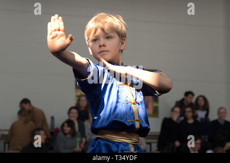 Vilniu, la Lituanie. 6ème apr 2019. Jokubas Zebrauskis effectue à la cinquième championnat de Wushu Open lituanien à Vilnius, Lituanie, 6 avril 2019. Alfredas Crédit : Pliadis/Xinhua/Alamy Live News Banque D'Images