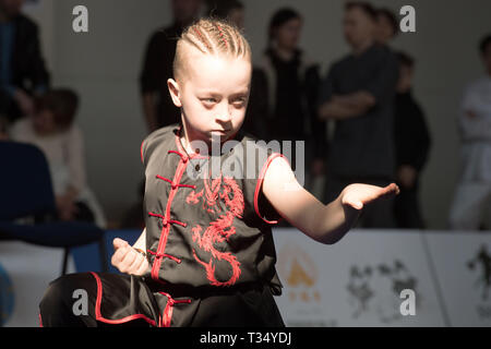 Vilniu, la Lituanie. 6ème apr 2019. Un jeune athlète exécute à la cinquième championnat de Wushu Open lituanien à Vilnius, Lituanie, 6 avril 2019. Alfredas Crédit : Pliadis/Xinhua/Alamy Live News Banque D'Images