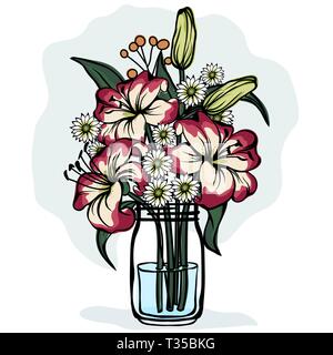 Lily et du chrysanthème dans un bocal en verre. Vector icône sur fond blanc Illustration de Vecteur