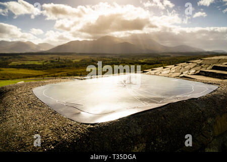 Soleil se reflète sur une plaque indiquant la direction de différentes fonctionnalités du paysage près du mémorial Commando à Spean Bridge, en Écosse. Banque D'Images
