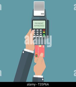 Main tenant terminal de point de vente et en poussant en carte de crédit. À l'aide de terminal de point de concept. vector illustration dans télévision design sur fond gris Illustration de Vecteur