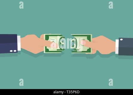 Businessman mains déchirer des billets d'argent en deux pièces. vector illustration dans télévision design sur fond vert Illustration de Vecteur