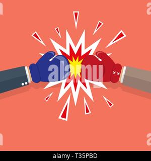 Deux affaires carrtoon boxe mains dans les gants, fighing business, vector illustration dans télévision design sur fond rouge Illustration de Vecteur