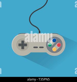 L'icône du contrôleur de jeu vidéo. vintage gris câblé gamepad. vector illustration en télévision et d'une grande ombre sur fond bleu Illustration de Vecteur
