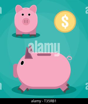 Pink Piggy Bank et de monnaie d'or, l'avant et vue latérale. vector illustration dans télévision design sur fond vert Illustration de Vecteur