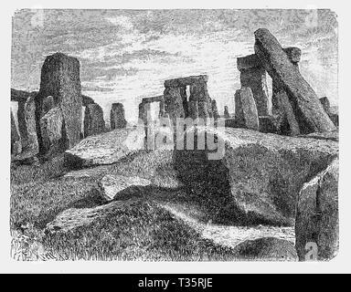 Gravure d'époque préhistorique Stonehenge monument à Wiltshire - Angleterre : un anneau de 4 m de haut standing stones chaque pondération autour de 25 tonnes. Banque D'Images