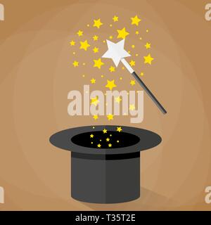 Chapeau magique et Baguette ornée de paillettes et d'étoiles. vector illustration dans télévision design sur fond brun Illustration de Vecteur